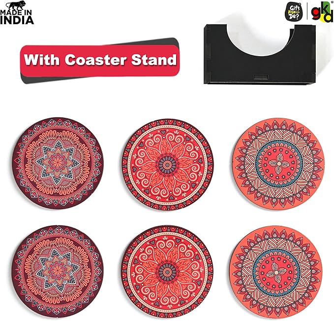 Coaster Set of 6 Fine Mandala Art Wooden Coasters with Proper Coaster Stand Set Fit for Tea Cups, Coffee Mugs and Glasses (3.5 X 3.5 Inch, Fine Mandala Design) Rangoli