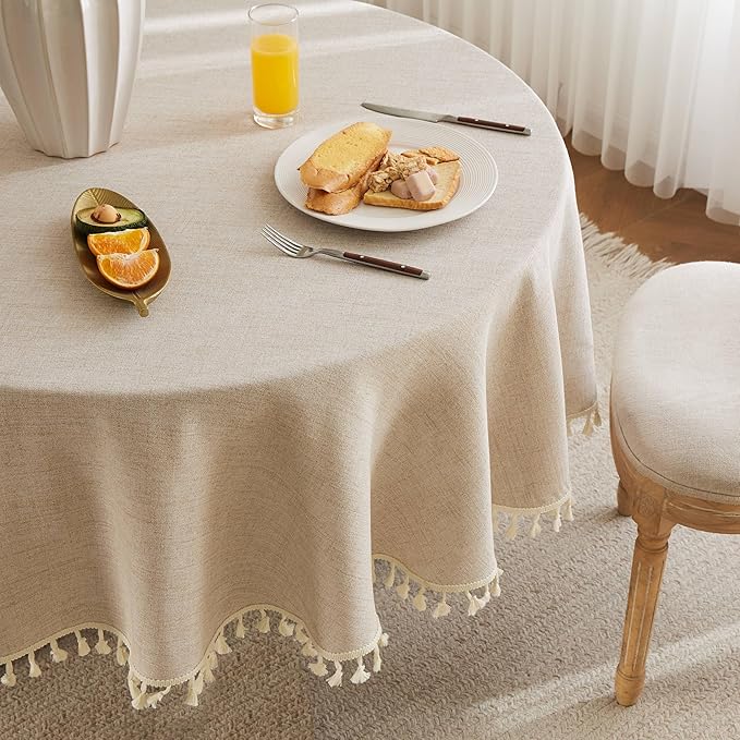 Linen Tablecloth with Tassels, Farmhouse Style Beige Tablecloth, Water Resistant Burlap Tablecloths for Round Table, 52 Inch Round Natural