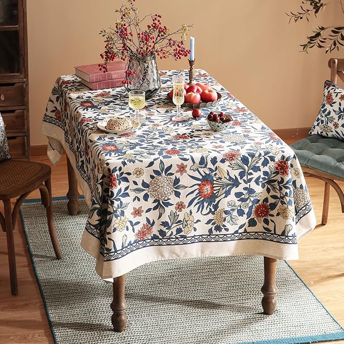 patdrea Designer Blue Tablecloth for Rectangle Table,Vintage Linen Leaves and Floral Pattern Extra Long Tablecloths,Farmhouse Decor Cover for Kitchen Dining Christmas,Thanksgiving,63"x110"-Ivar a