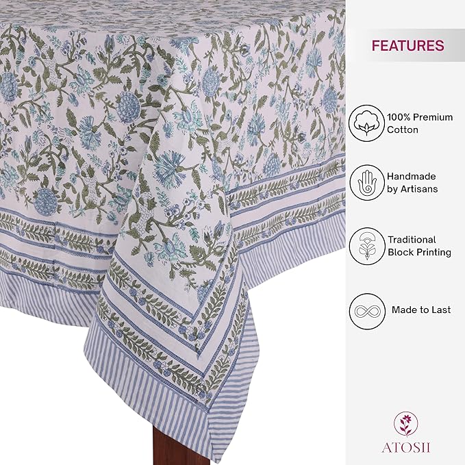 ATOSII Mahoka Blue 100% Cotton Fall Tablecloth, Handblock Floral Linen Table Cloth for Kitchen Dining Table I Parties Weddings Outdoors Easter Valentine's Gift I 60 X 90 Inches I 6 Seater