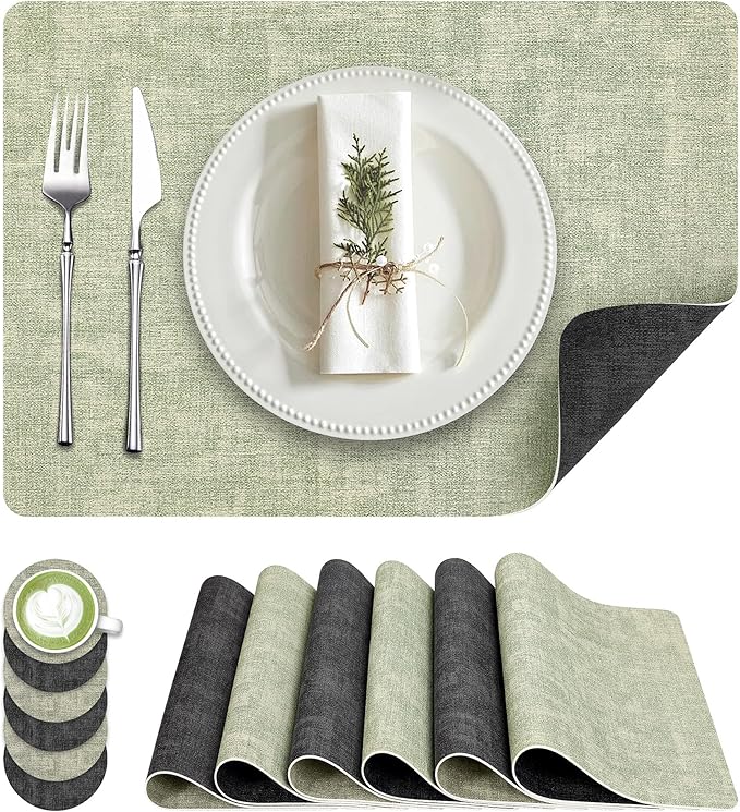 Placemats Set of 6, Faux Leather Heat Resistant Wipeable Placemats, Dual Sided Waterproof Washable Table Mats with Coaster, Suitable for Kitchen, Dining, Table Decor (6, Black Light Green)