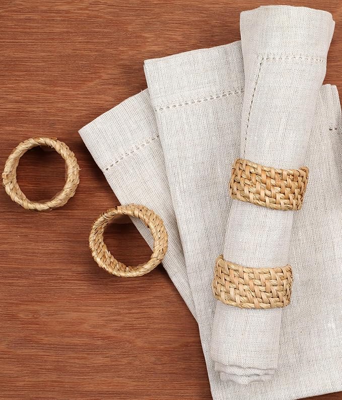 Napkin Rings Set of 12 - Handwoven Rustic Rattan Napkin Holders Table Decor for Dinners, Weddings, Holidays, Parties & Everyday Use - Natural Tan - Serviette Rings (Brown) - ALPHA Living HOME