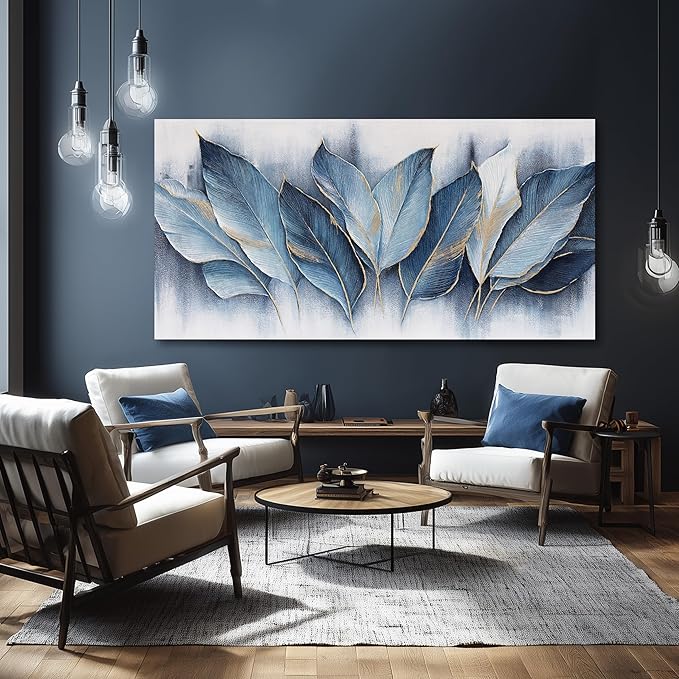 Framed Art Wall Decorations Blue Leaves Canvas Wall Art Abstract Art Modern Artwork For Living Room Bedroom Dining Room Home Office Decor 29"X58"