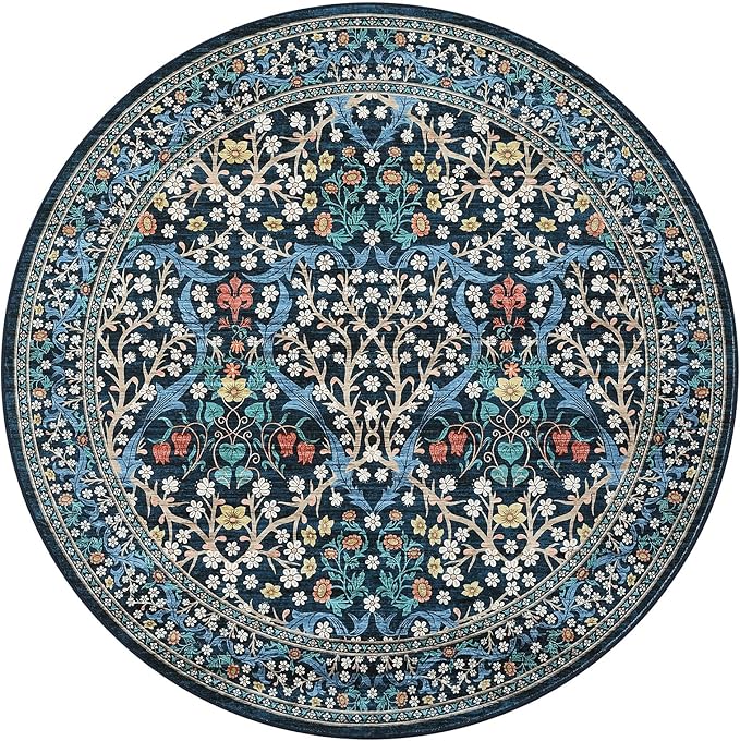 GarveeHome Dark Blue Floral 6 ft Round Rug Washable Non-Slip Soft Low Pile Small Circle Carpet Vintage Rugs for Kitchen Bedroom Nursery Dining Living Room