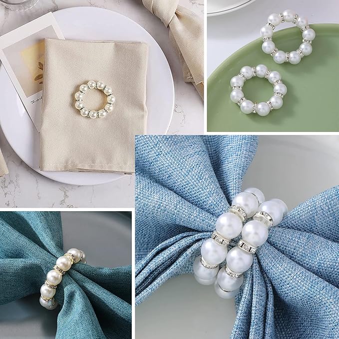 100 Pcs Silver Disposable Napkin Rings Imitation Pearl Ring Napkin Holder Delicate White Beaded Serviette Buckles for Wedding. Party, Family Parties, Engagements, Dinner Table Decor and Daily Use