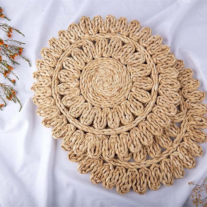 11.8" Corn Husk Woven Round Placemats Set of 4 - Wicker Boho Farmhouse Placemats - Rattan Table Mats Like Water Hyacinth for Dining Table, Wedding, Home