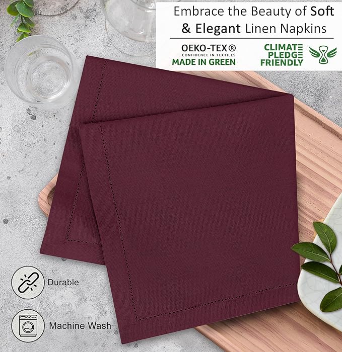 Ruvanti Premium Linen Napkins Set of 4-20x20 Inch, Classic Hemstitch, Mitered Corner Cloth Napkins ‎‎- Soft, Elegant Dinner Napkins Cloth Washable for Weddings, Parties, Everyday Use - Burgundy