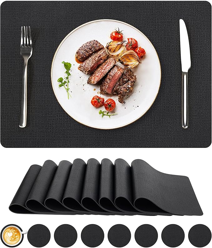 Vinyl Placemats Set of 8, Faux Leather Waterproof and Heat Resistant Place Mats, Washable Anti-Slip Table Mats with Coaster, Wipeable Placemats for Indoor & Outdoor 17" x 12" (Black, Set of 8)