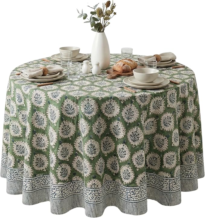 ATOSII Kari Green 100% Cotton Round Boho Spring Summer Tablecloth, Block Print Floral Table Cloth Linen for Dining, Parties, Weddings, OutdoorsI Home Table Decor 72" Inches Round