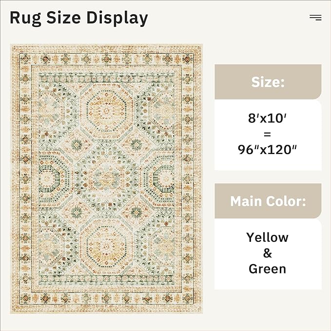 Washable Area Rug 8x10, Large Soft Rugs for Living Room Green Yellow Carpet 8x10 Area Rugs for Bedroom Dining Room Non-Slip Stain Resistant Rug