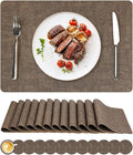 Vinyl Placemats Set of 12, Faux Leather Waterproof and Heat Resistant Place Mats, Washable Anti-Slip Table Mats with Coaster, Wipeable Placemats for Indoor & Outdoor 17" x 12" (Dark Coffee, Set of 12)