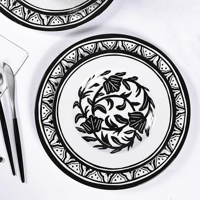 Melamine Dinnerware Sets-12pcs Melamine Plates and Bowls Set, Unbreakable, Dishwasher Safe, Indoor Outdoor Use, Ideals for Parties, Camping Dish Set, Black and White Pattern