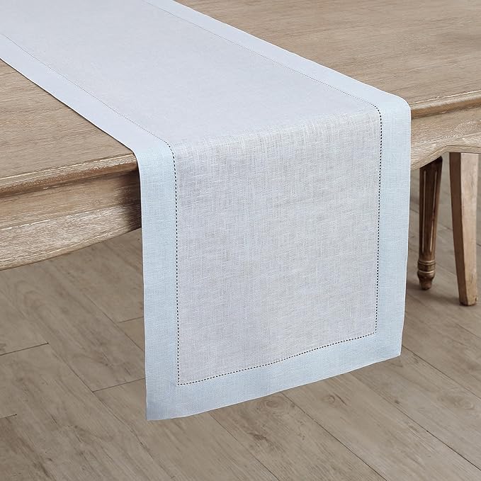 Solino Home Linen Light Blue Table Runner 36 Inches - Classic Hemstitch, 100% Pure Linen Coffee Table Runner 14 x 36 Inch Ideal for Dresser Tables, Spring, Easter