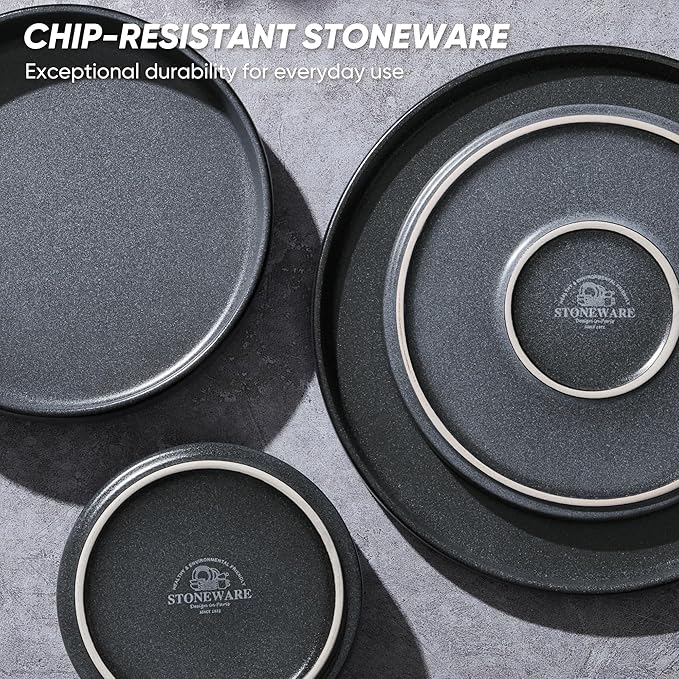 E-far Dinnerware Sets with Pasta Bowls, 24-Piece Stoneware Plates and Bowls Sets for 6 | Microwave & Dishwasher Safe Kitchen Modern Dish Set, Deep Gray