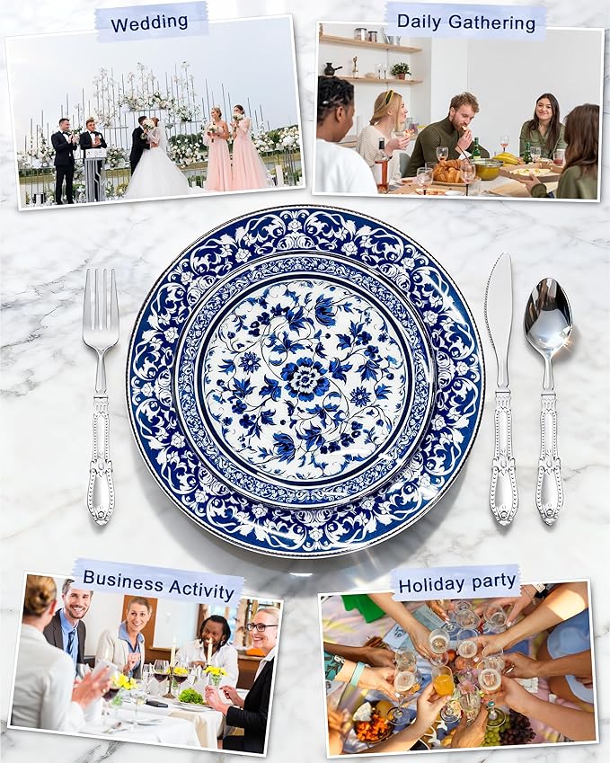 Hioasis 60pcs Blue Plastic Plates Set - Floral Blue & White Porcelain Design, 10.25" Dinner & 7.5" Dessert Plates Disposable for Wedding (Dishwasher Safe, Art Style)