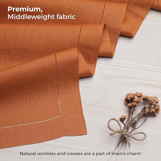 D'Moksha Homes Linen Rust Table Runner 108 Inches Long - 100% Pure Linen 14 x 108 Inch Table Runner for Spring, Easter - Classic Hemstitch