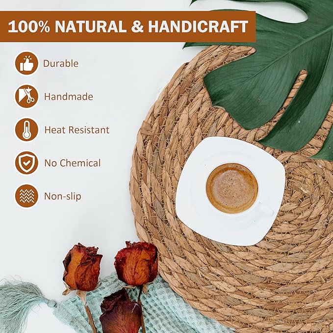 GENMOUS Woven Placemats Set of 6, 12" Round Placemats Natural Water Hyacinth Boho Placemats, Farmhouse Rattan Chargers for Dinner Plates, Rustic Braided Wicker Table Mats for Dining Table,Home,Wedding