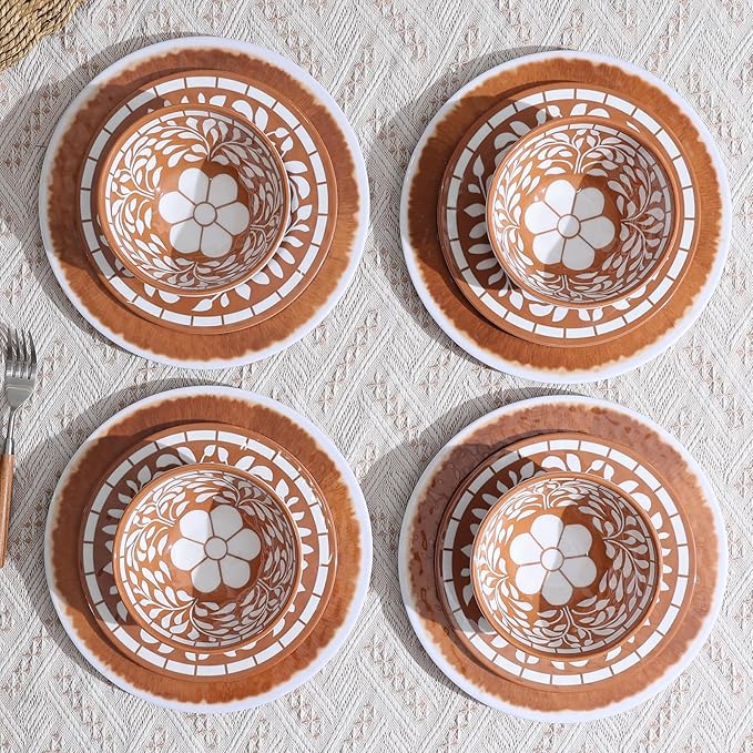 Melamine Plates and Bowls Set, 12-Piece Melamine Dinnerware Set, Dinner Serving Dishes Set for 4, Unbreakable, Brown-Yellow