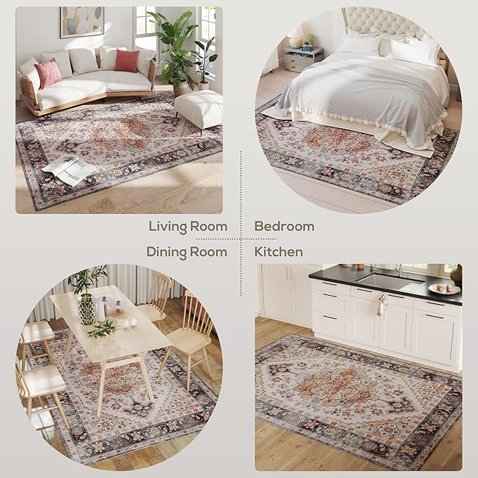 HOMCOM Washable Area Rug, 5'x7' Vintage Indoor Distressed Carpet, Retro Floor Cover Foldable, Floral Print Mat for Living Room, Bedroom, Dining Room, Tawny Brown