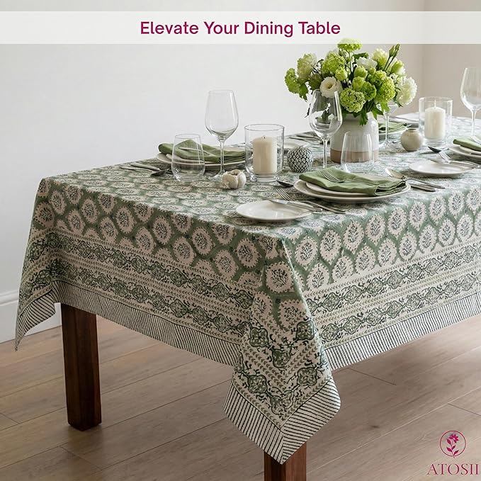 ATOSII Kari Green 100% Cotton Rectangle Boho Summer Tablecloth, Block Print Floral Table Cloth Linen for Dining, Parties, Wedding, Outdoors Home Decor 72 X 108 Inches I 8 Seater I