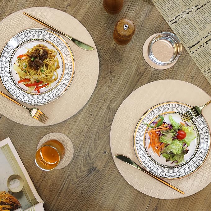 Jovono Round Leather Placemats for Round Tables Set of 8, Beige Place Mats and Coasters, Wipeable Waterproof Heat Resistant Table Mats Easy to Care for Indoor Decor 14 inch Diameter