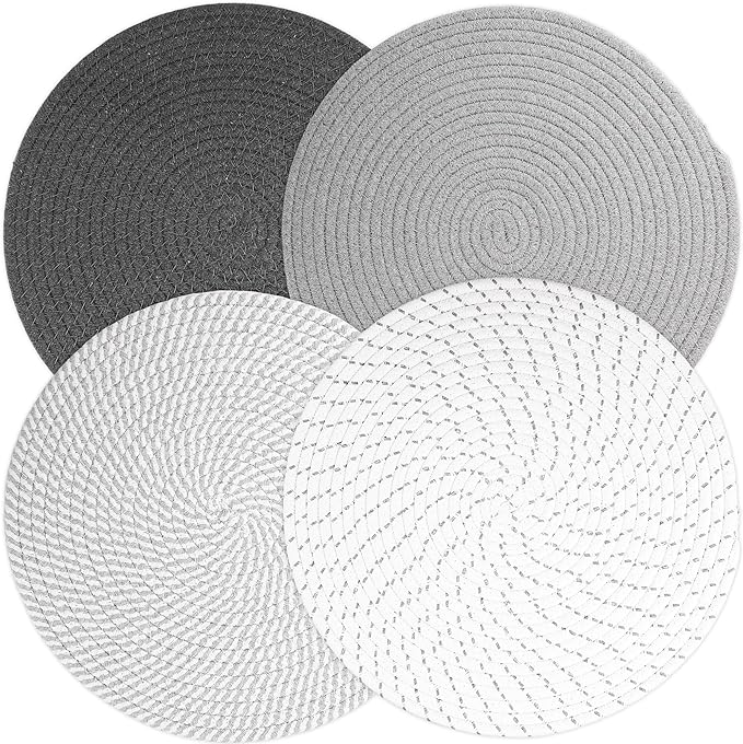 Kochorie Set of 4 Round Woven Cotton Placemats, 13 Inch Boho Table Mats for Kitchen and Dining Table, Farmhouse Heat Resistant Washable Trivets, Fall Thanksgiving Christmas Décor (Mixed Gray)