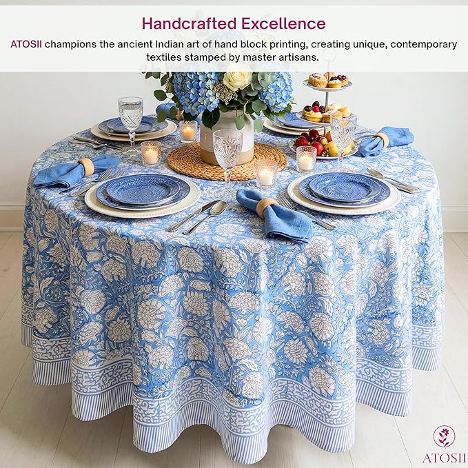 ATOSII Azora Blue 100% Cotton Round Tablecloth, Handblock Print Floral Table Cloth for Kitchen Dining Linen I Parties, Weddings, Outdoors I 90" Inches Round