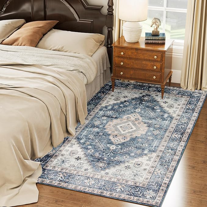 HOMCOM Washable Area Rug, 4'x6' Vintage Indoor Distressed Carpet, Retro Floor Cover Foldable, Floral Print Mat for Living Room, Bedroom, Dining Room, Blue