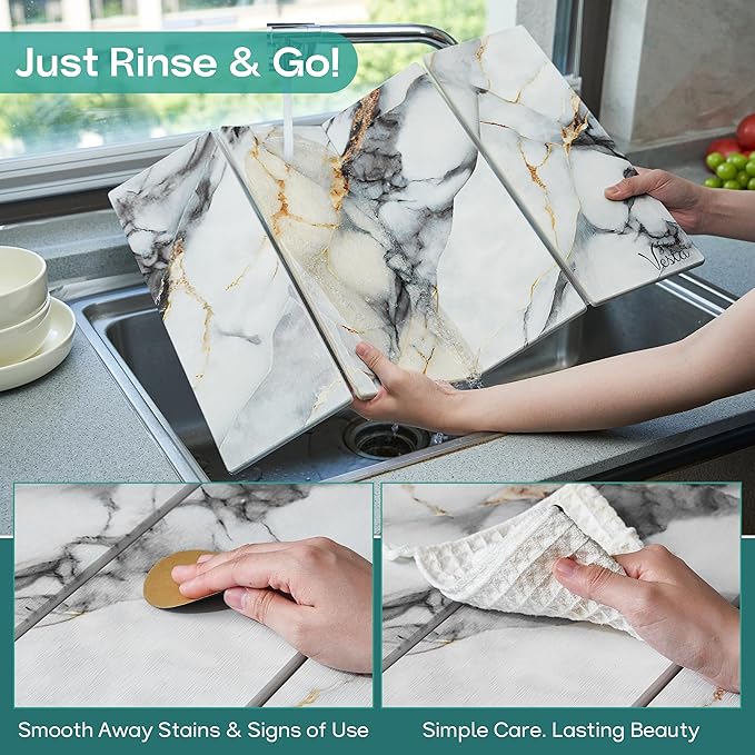Stone Drying Mat For Kitchen Counter, Diatomaceous Stone Dish Drying Mat For Kitchen - Quick Drying Dish Mat - Water Absorbing Stone Tray, Foldable, Eco-Friendly, White Marble Color (23.5 x 15.4")