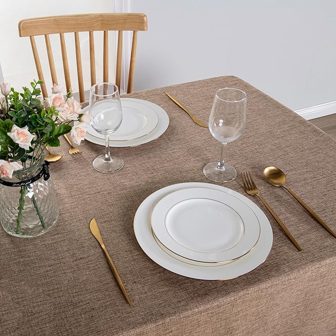 Hiasan Faux Linen Rectangle Tablecloth - Wrinkle and Stain Resistant Washable Table Cloth for Kitchen Dining Room Holiday Table Cover for Party Dinner, Khaki, 60 x 84 Inch