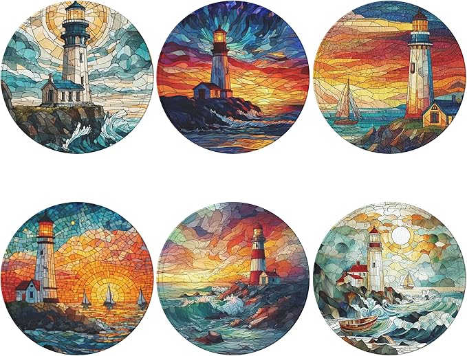 Lighthouse Coasters Leather Round Drink Coasters 6 Pcs Set with Holderor for Cup Drink Coffee Table Bar Home Decor