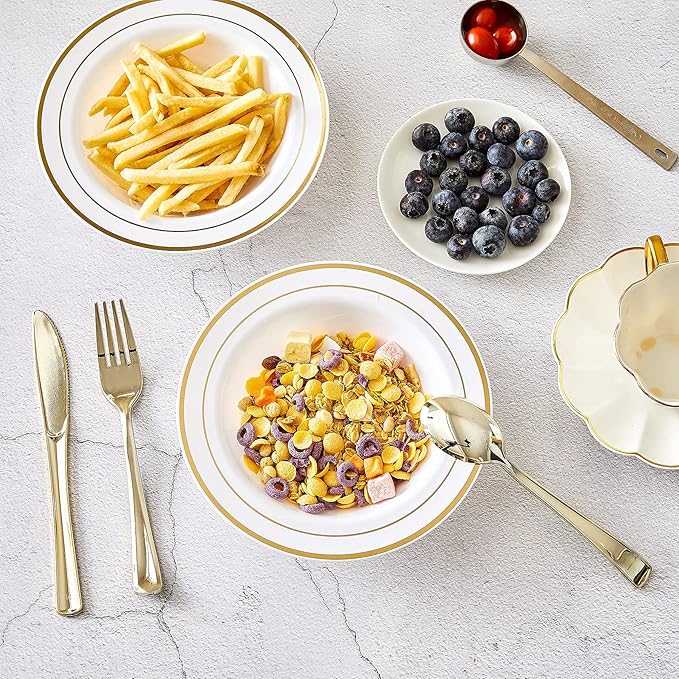 N9R 30PCS Disposable Plastic Bowls with Gold Rim, 12 oz Fancy White Plastic Bowls, Premium Dessert Salad Bowls Perfect for Party, Wedding and Everyday Use