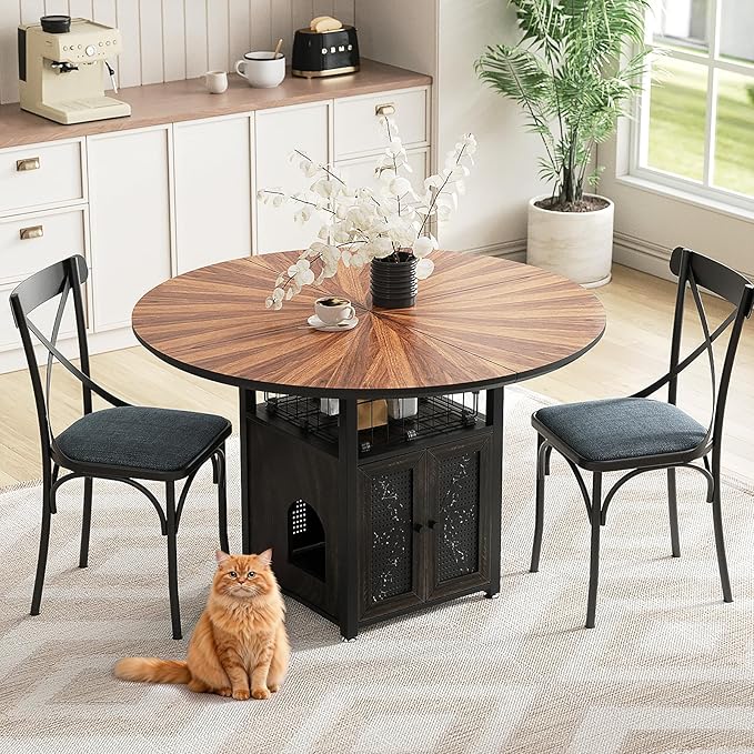 47" Round Dining Table Set for 4-6 People, Large Farmhouse Kitchen Dining Table Set with Chairs and Storage Rack, Metal Base Round Table for Home Dining Room Living Room (Cat table and 2 black chairs)