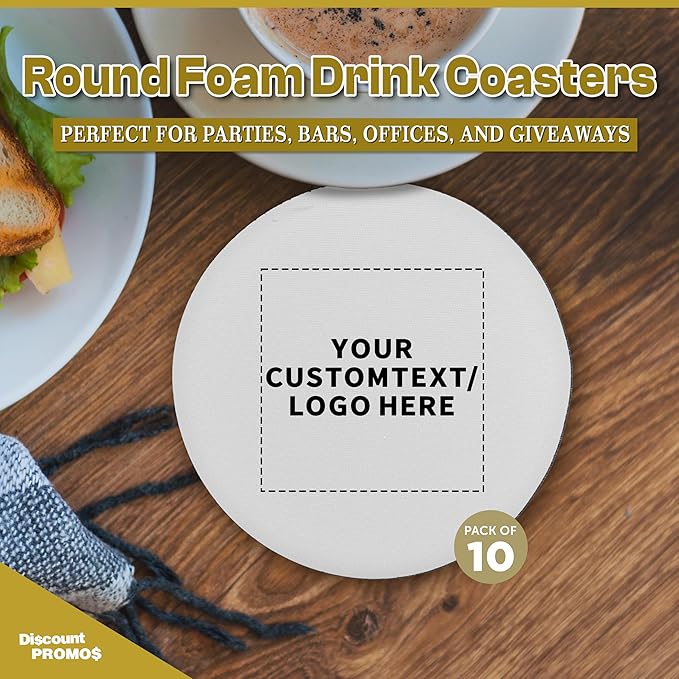 10 Round Foam Bud Coasters Pack, 4 inch - Customizable Text, Logo - PU Foam, Party Favor - White