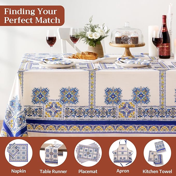 Maison d' Hermine Premium Table Cloth Rectangle Table 100% Combed Cotton 120 x 70 Inches Tablecloth Reusable Decorative for Dining Room, Farmhouse, Home, Party, Festive & Wedding - Sciacca