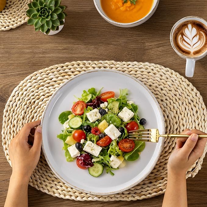 AmorArc Ceramic Dinnerware Sets for 4, 12 Pieces Handpainted Plates and Bowls Set with Rustic Terracotta Underside, Scratch Resistant Stoneware Dishes Set, Dishwasher & Microwave Safe, White