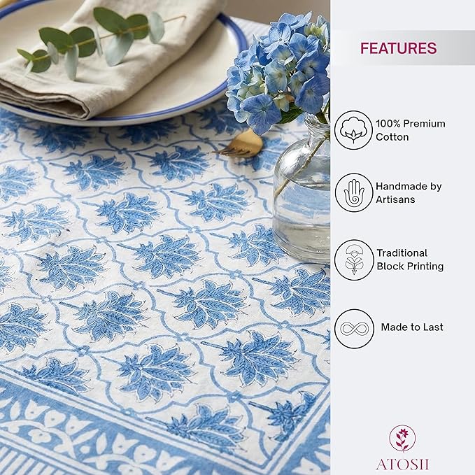ATOSII Padma Blue 100% Cotton Rectangle Summer Tablecloth, Indian Block Print Floral Table Cloth I Dining Parties Weddings Outdoors Holidays 60 X 108 Inches, 8 Seater I Grandmillennial Farmhouse Boho