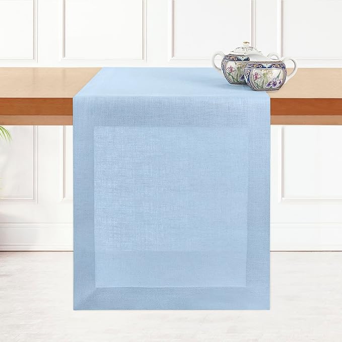 D'Moksha Homes Linen Powder Blue Table Runner 84 Inches Long - 100% Pure Linen 14 x 84 Inch Table Runner for Dining, Spring, Easter - Machine Washable