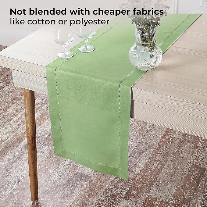 D'Moksha Homes Linen Sage Green Table Runner 132 Inches Long - 100% Pure Linen Extra Long Table Runner 14 x 132 Inch for Spring, St Patricks Day, Easter - Classic Hemstitch