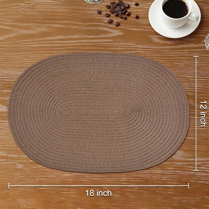 Noctiflorous Oval Braided Placemats Set of 4 Woven 12x18 Inch Non Slip Washable Heat Resistant Place Mats Round Tablemats for Dining Kitchen Party Daily Table Decor Dinner Mats (Solid Brown, 4)