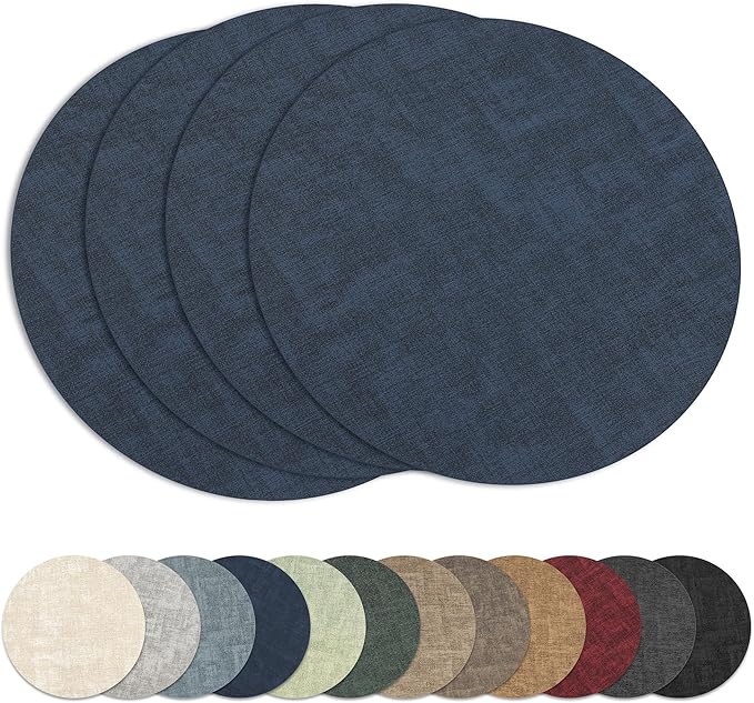 13" Round Placemats Set of 4, Reversible Faux Leather Heat Resistant Table Mats, 100% Waterproof Oilproof Wipeable Table Protective Placemats for Vinyl, Washable for Indoor (4, Navy Blue)
