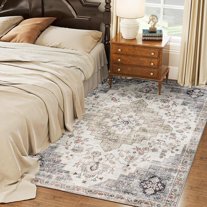 HOMCOM Washable Area Rug, 5'x7' Vintage Indoor Distressed Carpet, Retro Floor Cover Foldable, Floral Print Mat for Living Room, Bedroom, Dining Room, Brown and Green