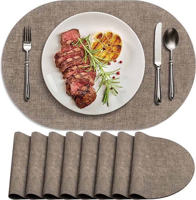 Placemats Set of 4 Washable, Heat Resistant Table Placemats Wipeable Faux Leather Oval Place Mats Non Slip, Waterproof Oval Table Mats for Indoor Outdoor, Dark Brown