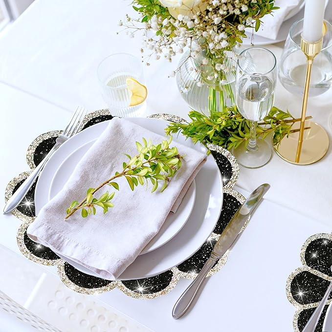 Washable Waterproof Diamond Circle Placemats for Round Tablescape Decor for Dinner and Kitchen Bling Placemats for Weddings & Special Events (Black)-8PCS