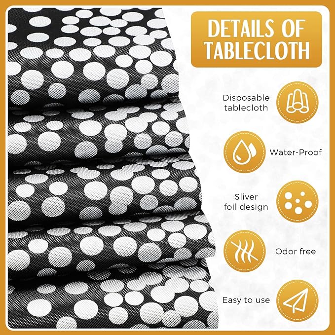 Breling 24 Packs Black and Silver Disposable Plastic Tablecloths and Satin Table Runner Set, 54 x 108 Inch Tablecloth, 12 x 108 Inch Table Runners for Wedding Graduation Birthday Baby Shower