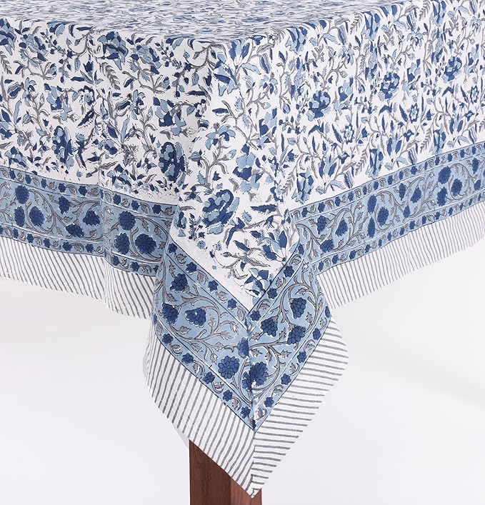 ATOSII Jodhpur Blue 100% Cotton Rectangle Tablecloth, Handblock Floral Linen Table Cloth for Kitchen Dining Table I Parties Wedding Outdoors Holidays I Home Decor 72 X 108 Inches