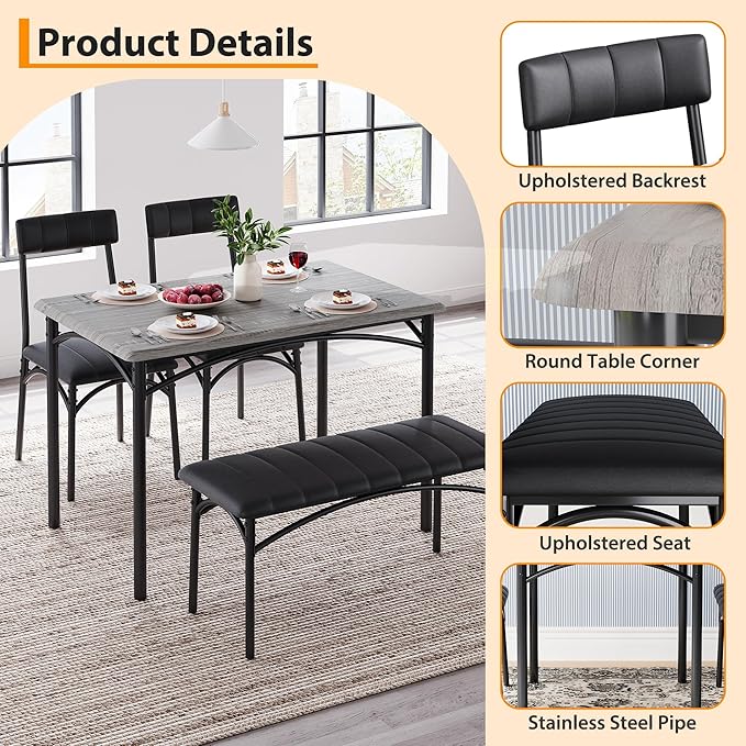 Dining Table Set for 4, Rectangular Kitchen Table and Chairs Set of 4 for Small Spaces, Modern Dining Room Table Set with Upholstered Bench and 2 Chairs, Space Saving Dining Furniture for Apartments