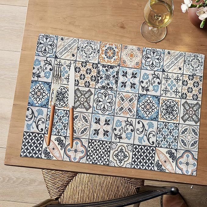 Mandala Bohemian Placemats Set of 6 Two-Sided Washable Table Placemat Boho Mat Fabric Cloth Vintage Flower for Farmhouse Kitchen Outdoor Dining Decor 12x18 Inch (Bohemian B)