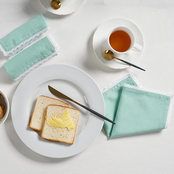 Fingercraft Dinner Cloth Napkin Cotton Linen Blend 12 Pack Mitered Corners with Elegant Lace for Everyday Use Napkins are Pre Shrunk and Good Absorbency (Aqua, 12in x 12in)