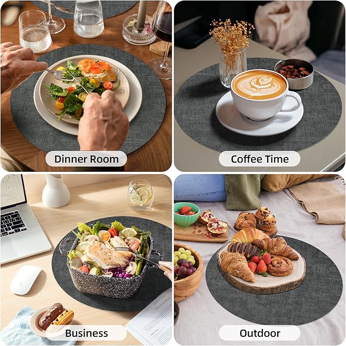 15 inch Faux Leather Round Placemats Set of 4 Non-Slip Washable Wipeable Table Mats, Heat Resistant Waterproof Oilproof Black Place Mats for Kitchen, Dining, Party, Indoor, Outdoor